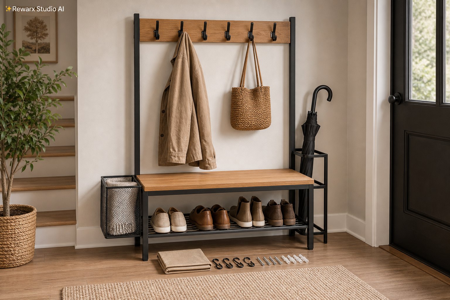Lavice s vesakem predsien ulozeni vizualni sablona - entryway furniture - welcoming hallway storage hero - Rewarx Visual Content Library