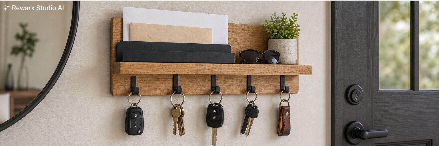 entre nøgle mail organizer væg visuel skabelon - entryway organization - entryway key mail organizer hero - Rewarx Visual Content Library