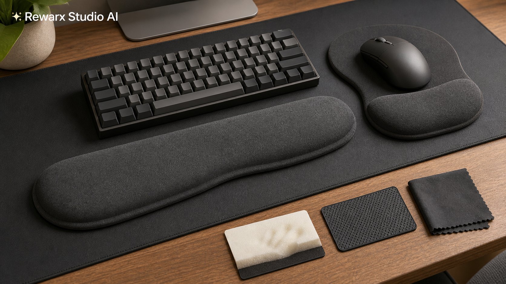 符合人体工程学的腕托键盘视觉模板 - desk ergonomics - keyboard wrist rest desk hero - Rewarx Visual Content Library