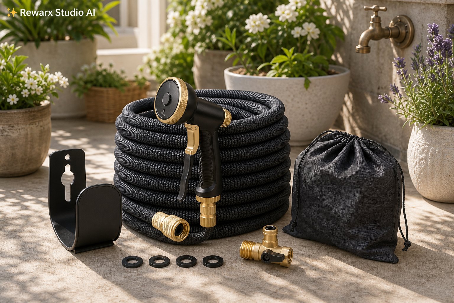 Tubo giardino espandibile irrigazione patio template visuale - garden watering tools - sunlit patio watering hero - Rewarx Visual Content Library