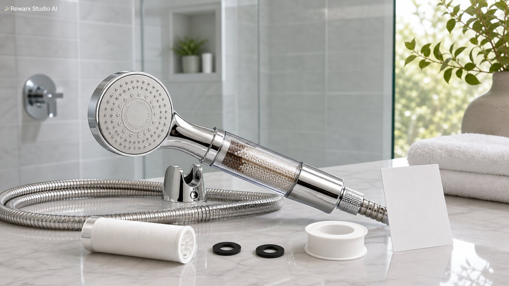 Pommeau douche filtre bien etre salle de bain modele visuel - bathroom wellness - spa-clean bathroom fixture hero - Rewarx Visual Content Library