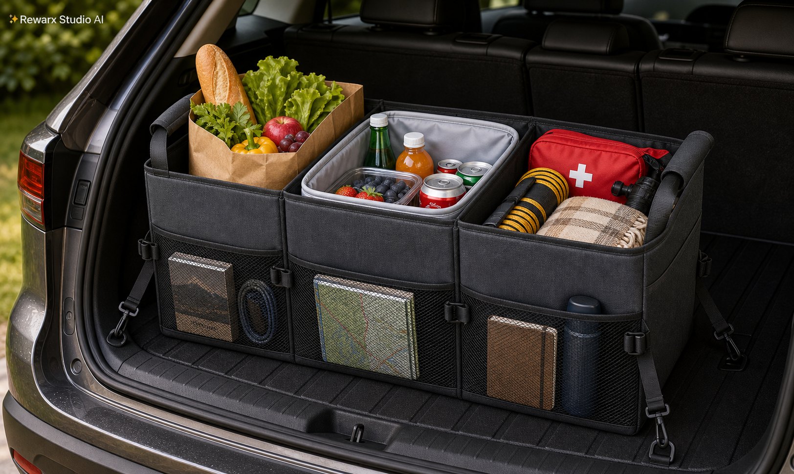 Faltbarer Kofferraum Organizer SUV Stauraum Visual-Vorlage - car accessories - organized SUV cargo hero - Rewarx Visual Content Library