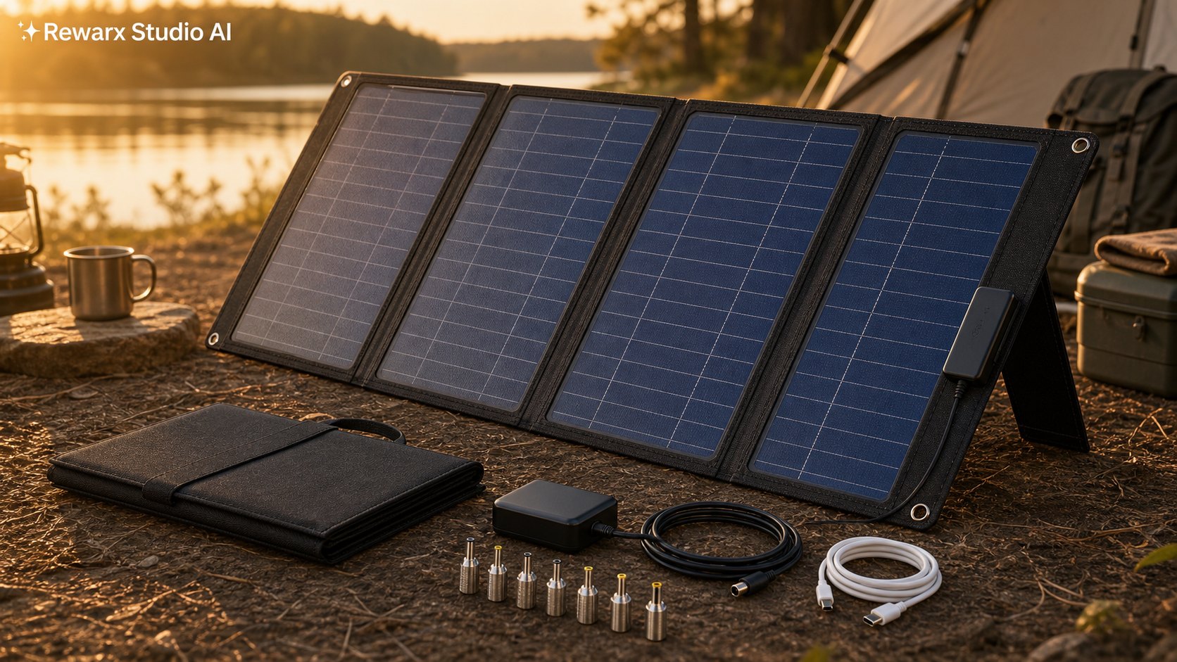Faltbares Solarpanel Camping Strom Visual-Vorlage - Editoriales Kampagnenbild Faltbares Solarpanel Camping Strom Visual-Vorlage - Editoriales Kampagnenbild