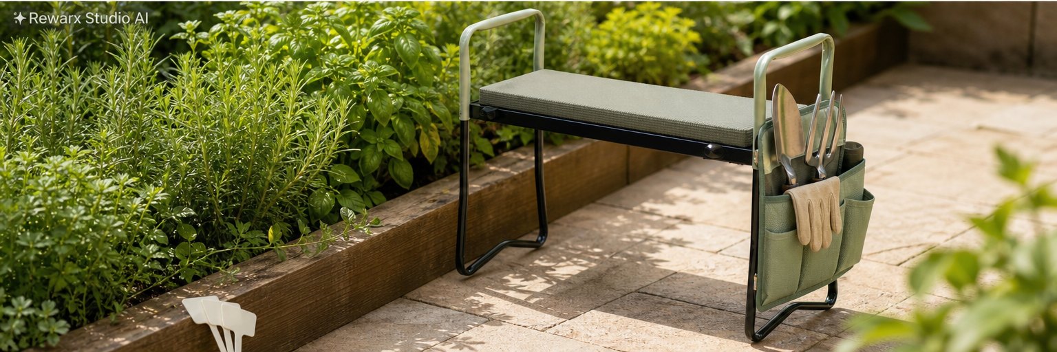 zahradní klekátko sedátko na nářadí vizualni sablona - gardening tools - garden kneeler use hero - Rewarx Visual Content Library