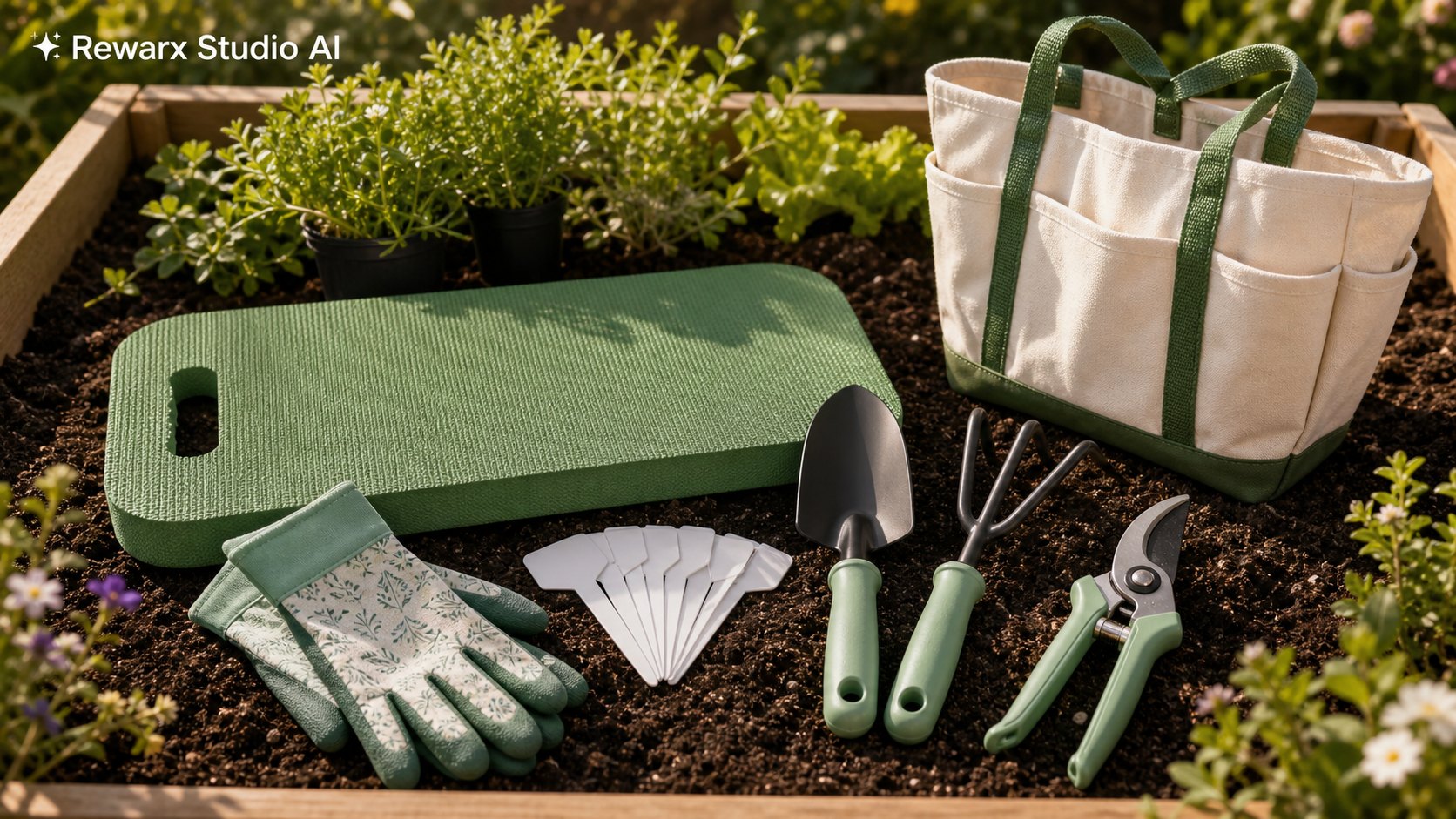 花園跪墊工具套裝視覺模板 - gardening tools - garden kneeling pad tool hero - Rewarx Visual Content Library