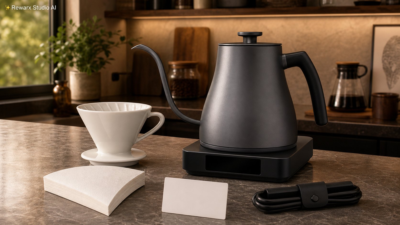 手冲电热壶咖啡吧视觉模板 - specialty coffee appliances - premium pour-over coffee bar hero - Rewarx Visual Content Library