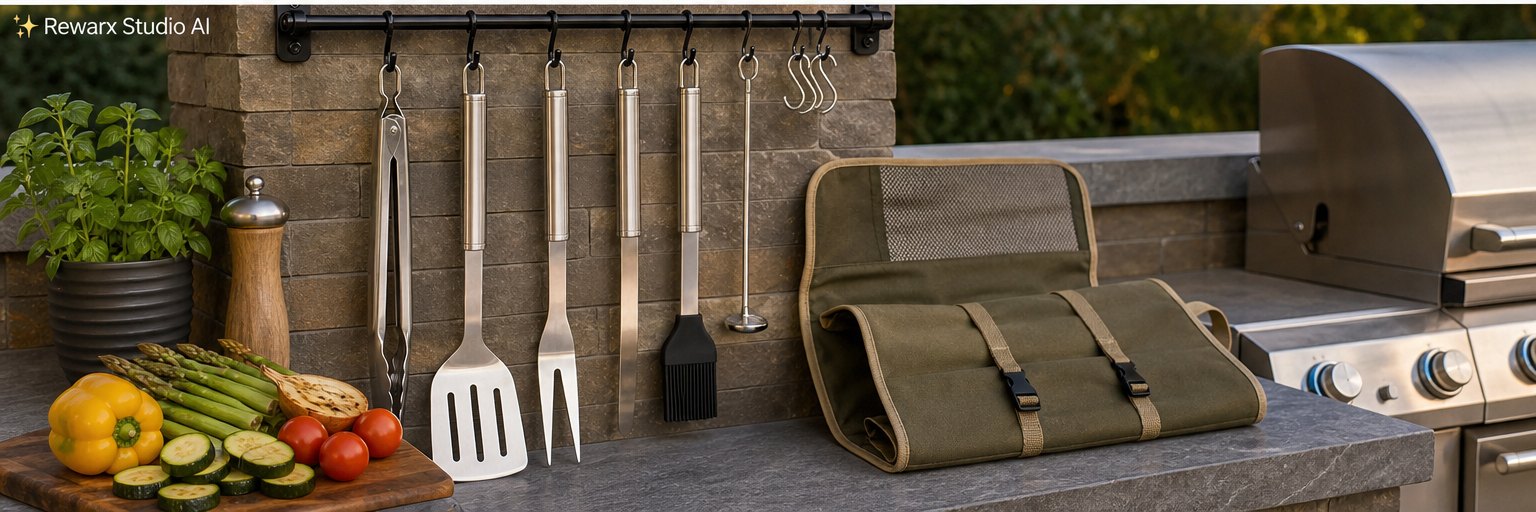 Sada grilovacích nástrojů pro venkovní vaření vizualni sablona - outdoor cooking - patio grill tool set hero - Rewarx Visual Content Library