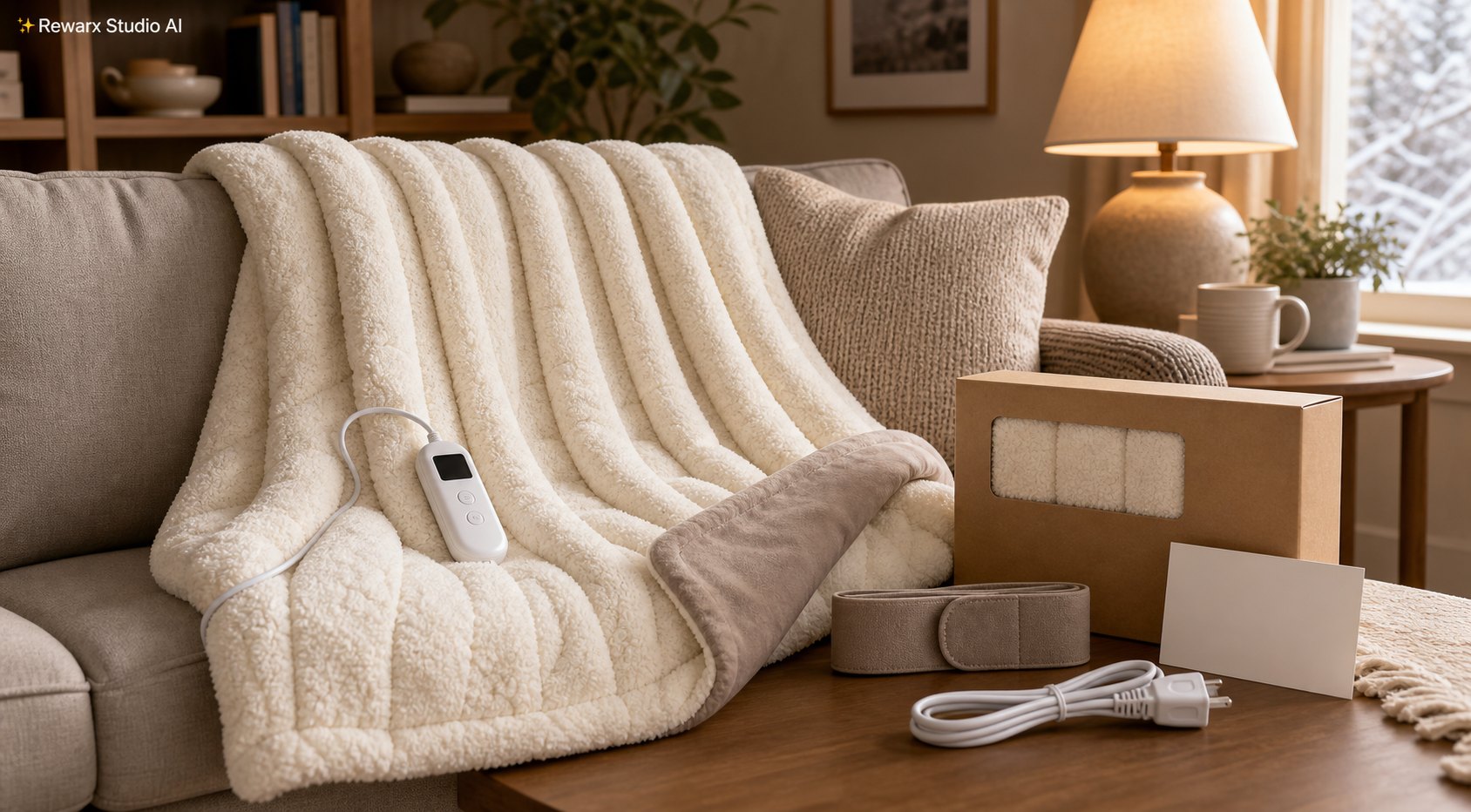 Heizdecke Kuscheldecke Wohnzimmer Visual-Vorlage - home comfort textiles - cozy sofa winter comfort hero - Rewarx Visual Content Library
