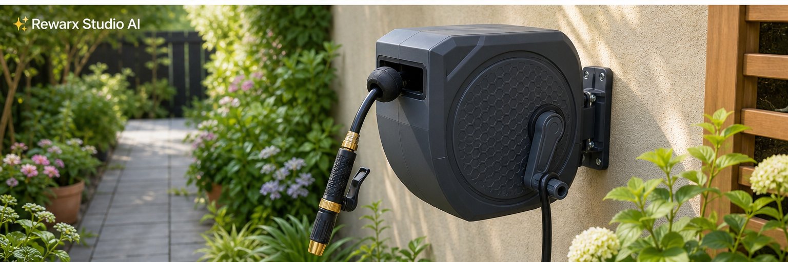 zahradní naviják pro montáž na zeď vizualni sablona - garden organization - garden hose reel wall hero - Rewarx Visual Content Library