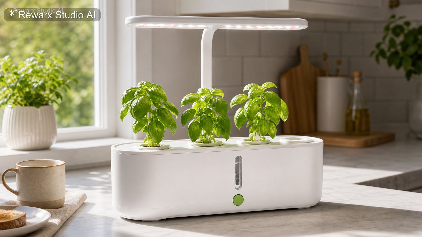 Vnitrni hydroponicka bylinkova zahrada kuchyne vizualni sablona - home gardening - fresh kitchen herb garden hero - Rewarx Visual Content Library