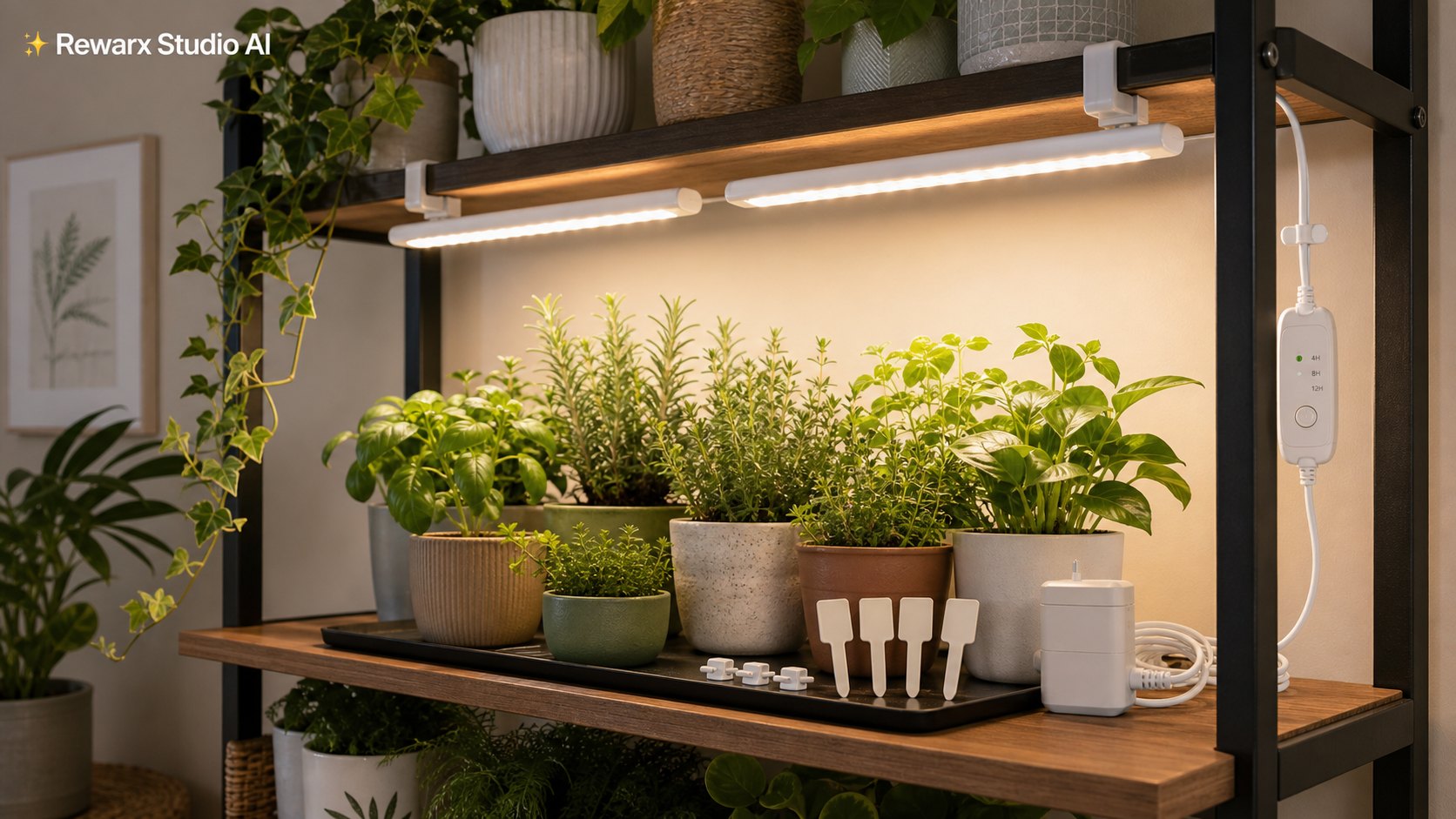 indendørs plante vokse lys hylde visuel skabelon - indoor gardening - indoor plant shelf grow-light hero - Rewarx Visual Content Library