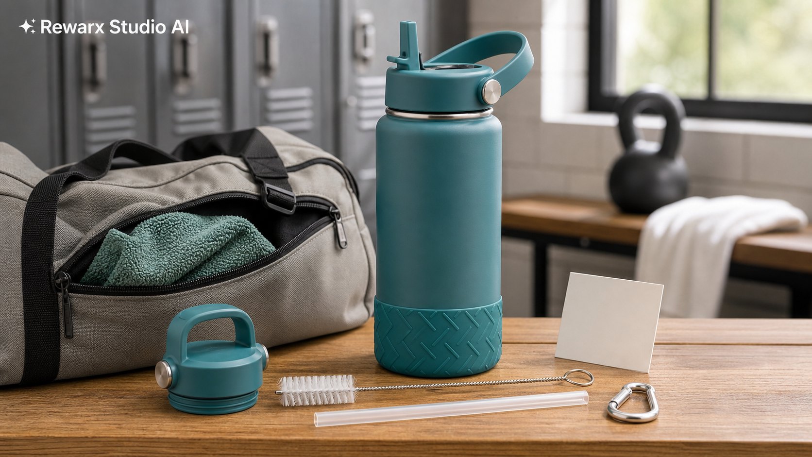 保溫水瓶健身包視覺模板 - drinkware - gym bag water bottle hero - Rewarx Visual Content Library