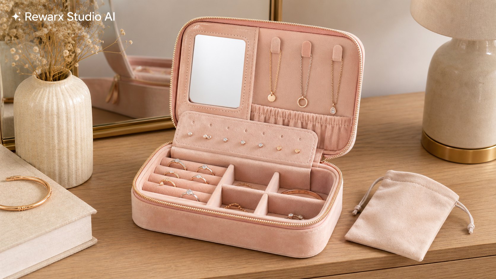 珠寶旅行箱梳妝台視覺模板 - jewelry storage - jewelry travel case dresser hero - Rewarx Visual Content Library