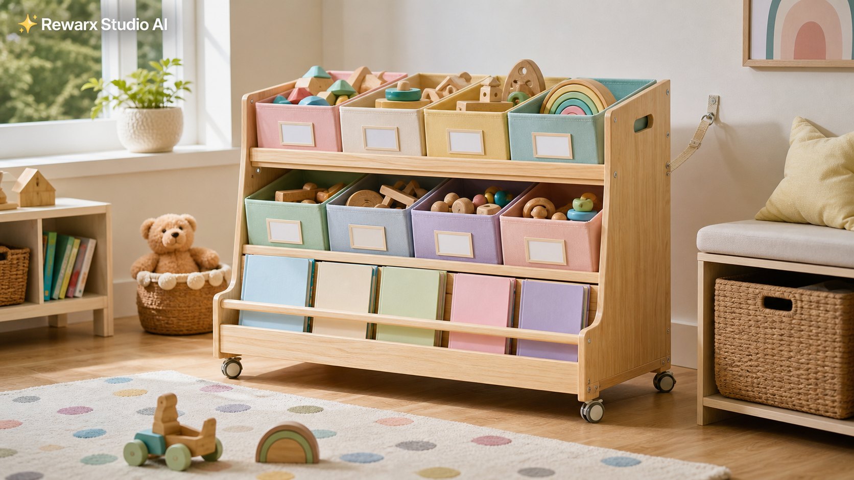 kinderspeelgoed opbergbak speelkamer visuele template - kids organization - bright playroom toy storage hero - Rewarx Visual Content Library