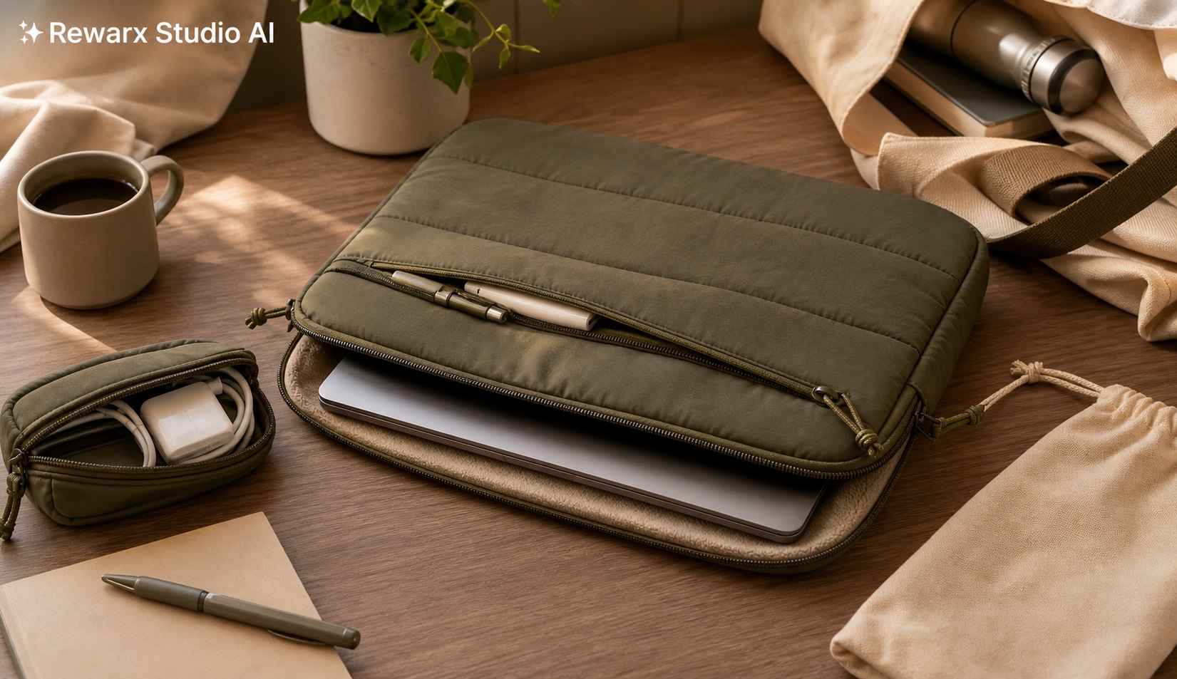 筆記型電腦套通勤辦公桌視覺模板 - tech carry accessories - commute laptop sleeve hero - Rewarx Visual Content Library