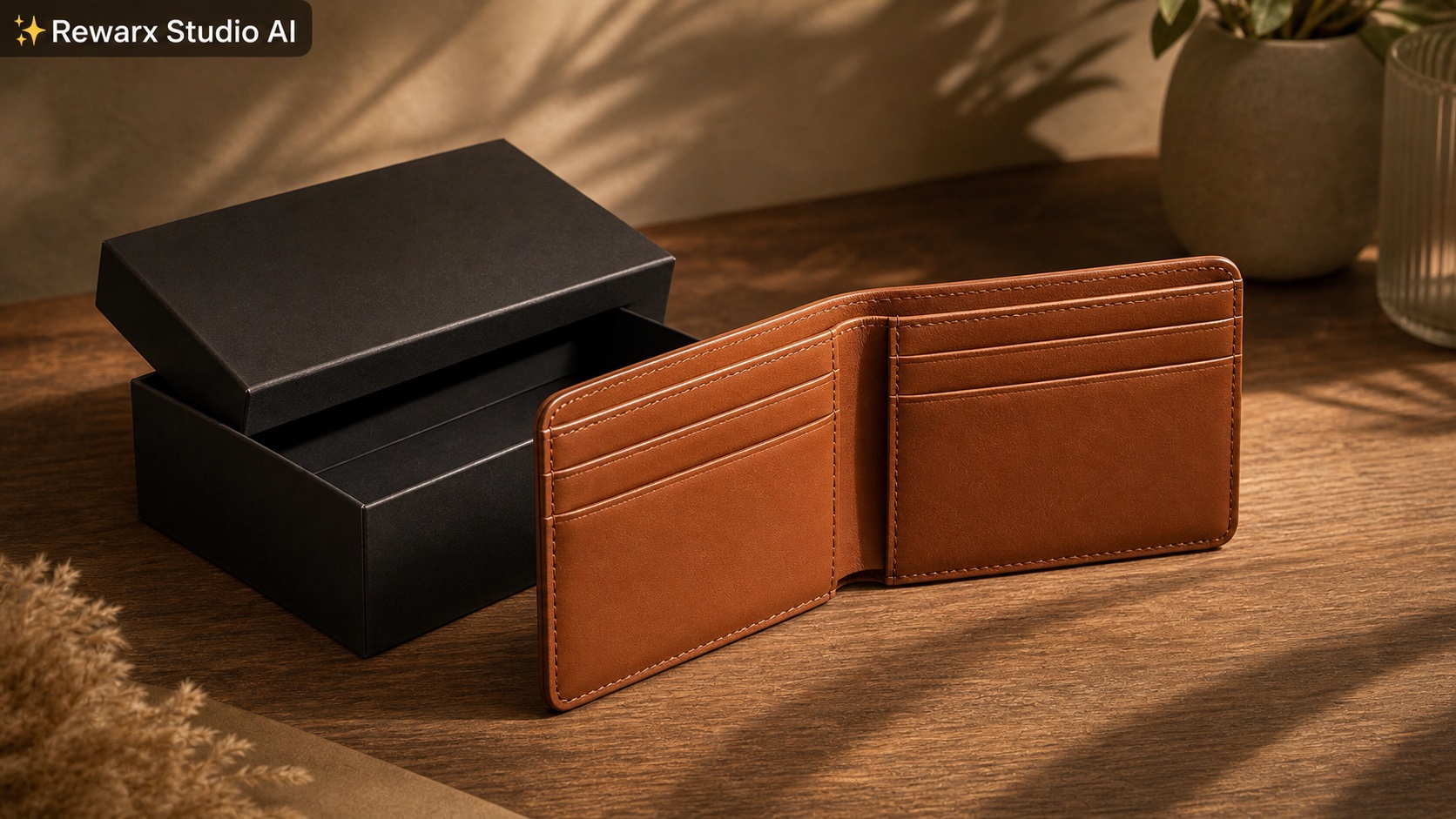 Deri cuzdan hediye aksesuar gorsel sablonu - fashion accessories - premium giftable leather accessory hero - Rewarx Visual Content Library
