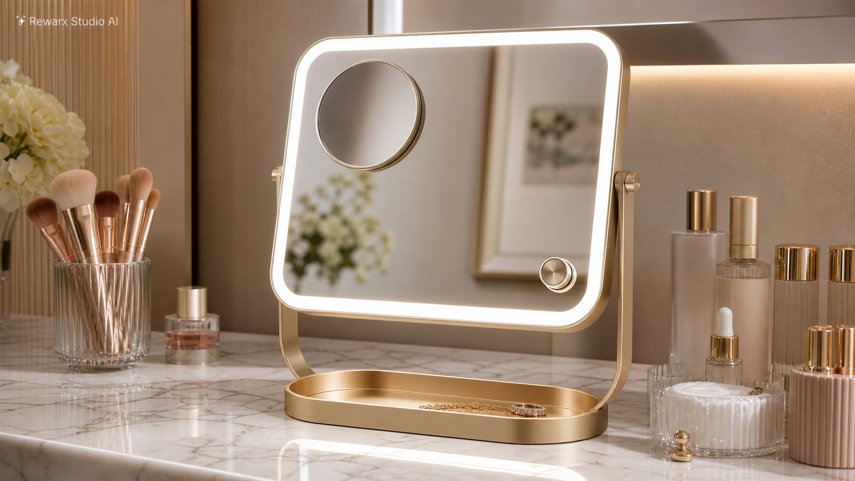 LED kosmeticke zrcadlo makeup desk vizualni sablona - beauty tools - soft glam makeup station hero - Rewarx Visual Content Library