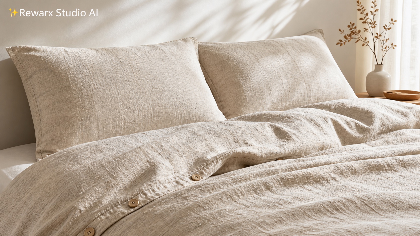 Lnené luzkoviny loznice lifestyle vizualni sablona - bedding - soft premium bedroom textile visual - Rewarx Visual Content Library