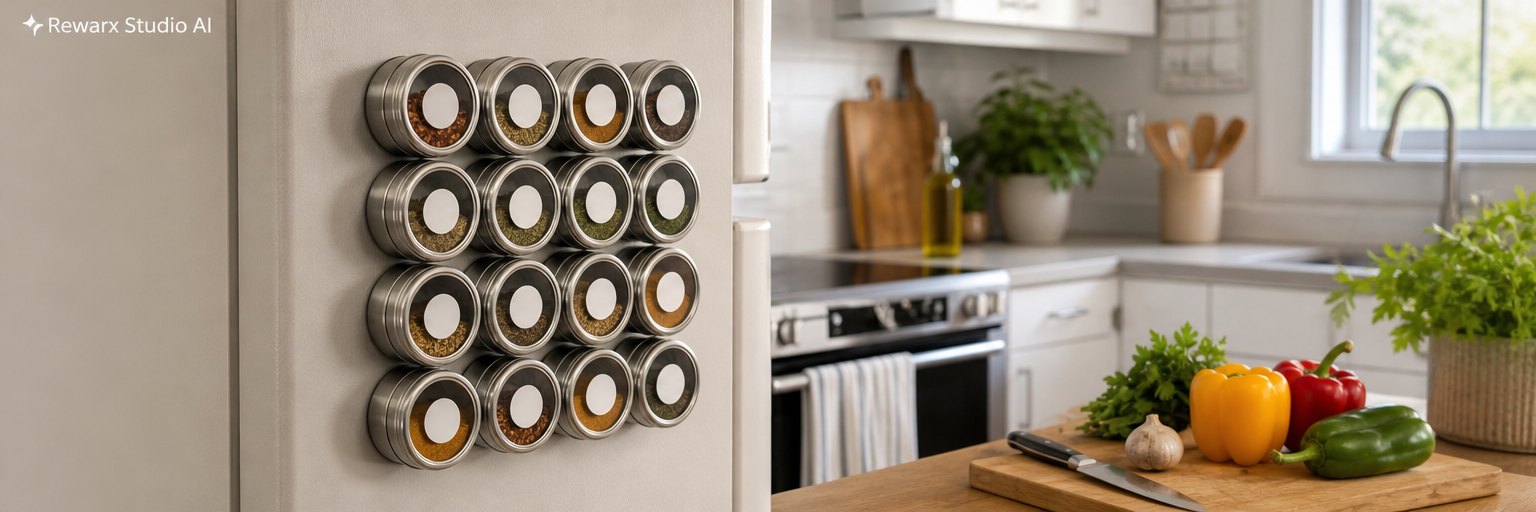 magnetická lednička na koření kuchyně vizualni sablona - kitchen organization - magnetic fridge spice storage hero - Rewarx Visual Content Library