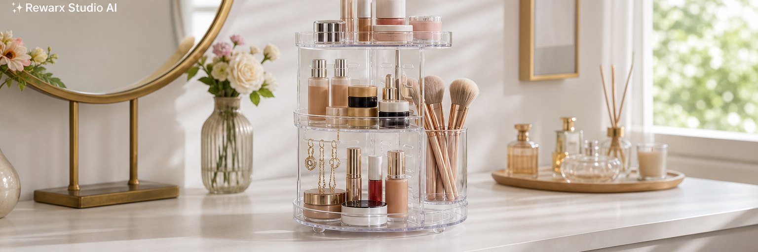 make-up roterende organisator ijdelheid visuele template - Editorial campagnebeeld make-up roterende organisator ijdelheid visuele template - Editorial campagnebeeld