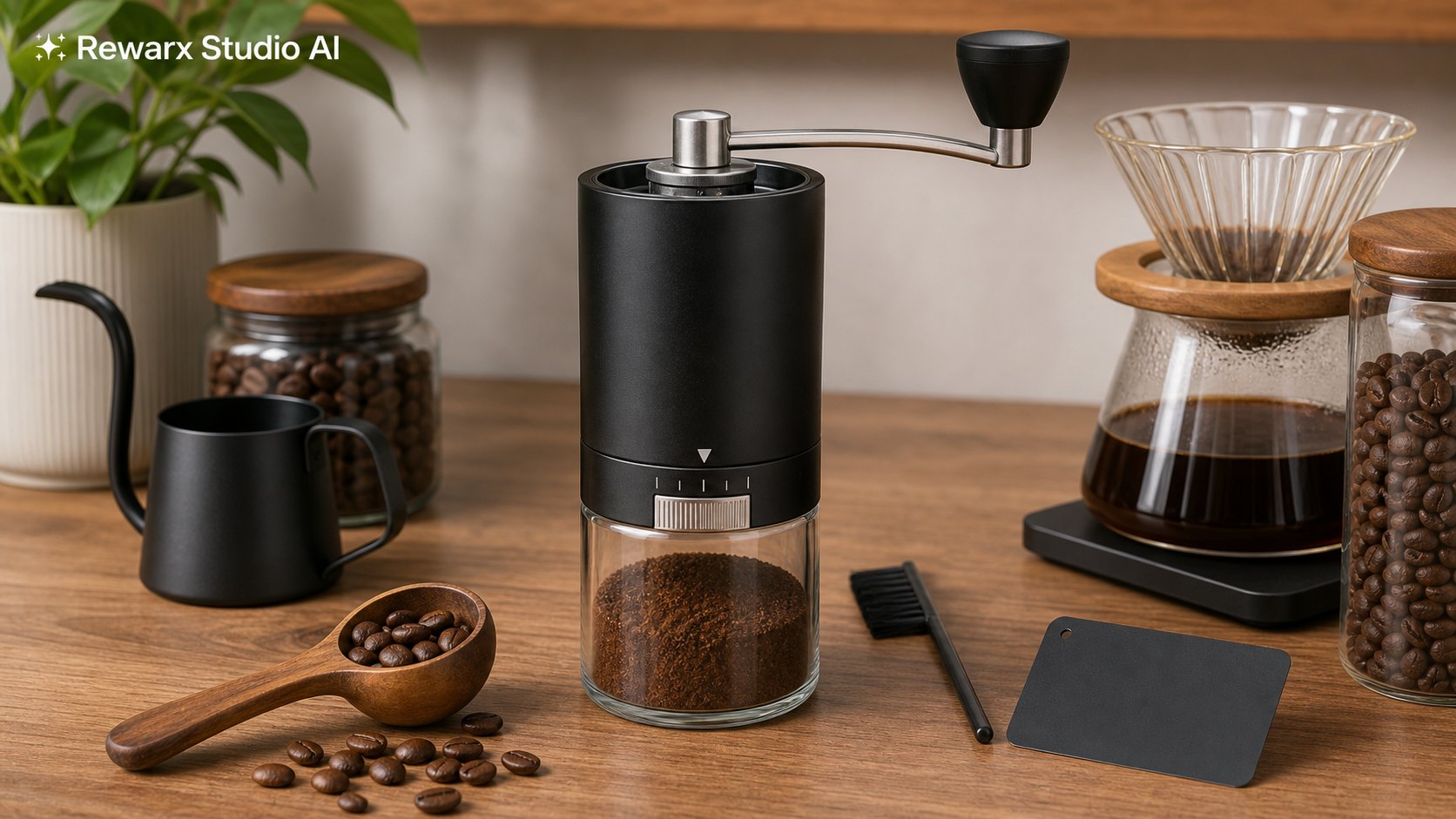 手動咖啡研磨機 咖啡吧視覺模板 - coffee gear - manual coffee grinder bar hero - Rewarx Visual Content Library