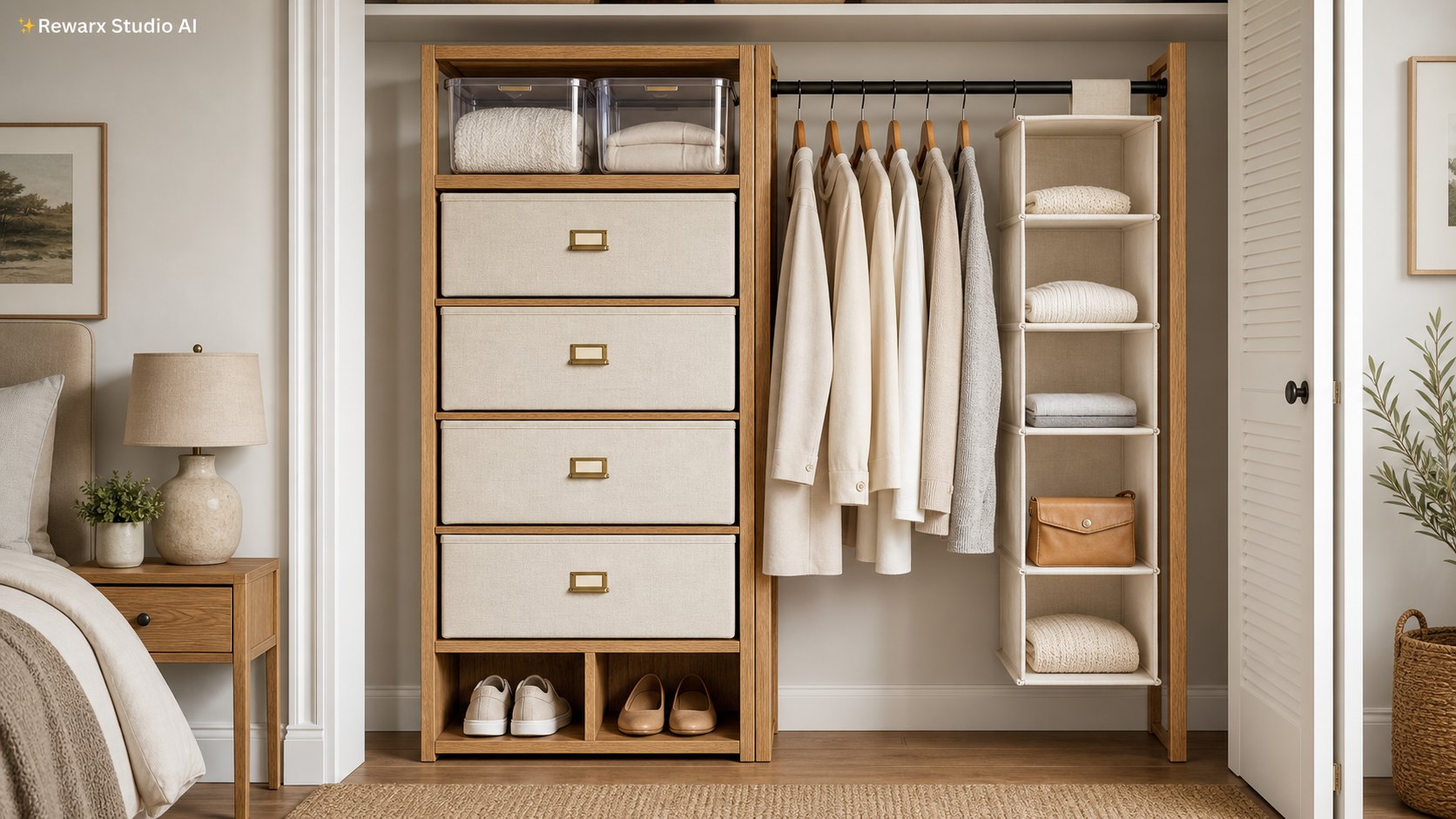 Modularni organizer skrine loznice vizualni sablona - home organization - calm bedroom closet organization hero - Rewarx Visual Content Library