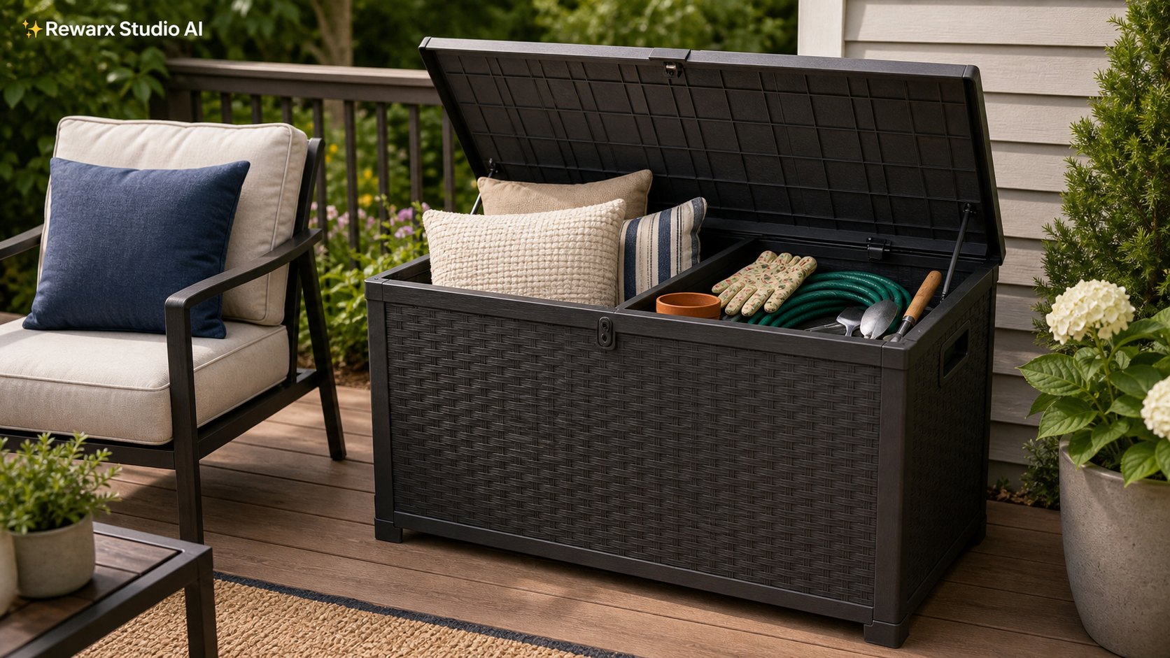 terrasse extérieure boîte de rangement patio modele visuel - patio storage - patio deck storage box hero - Rewarx Visual Content Library