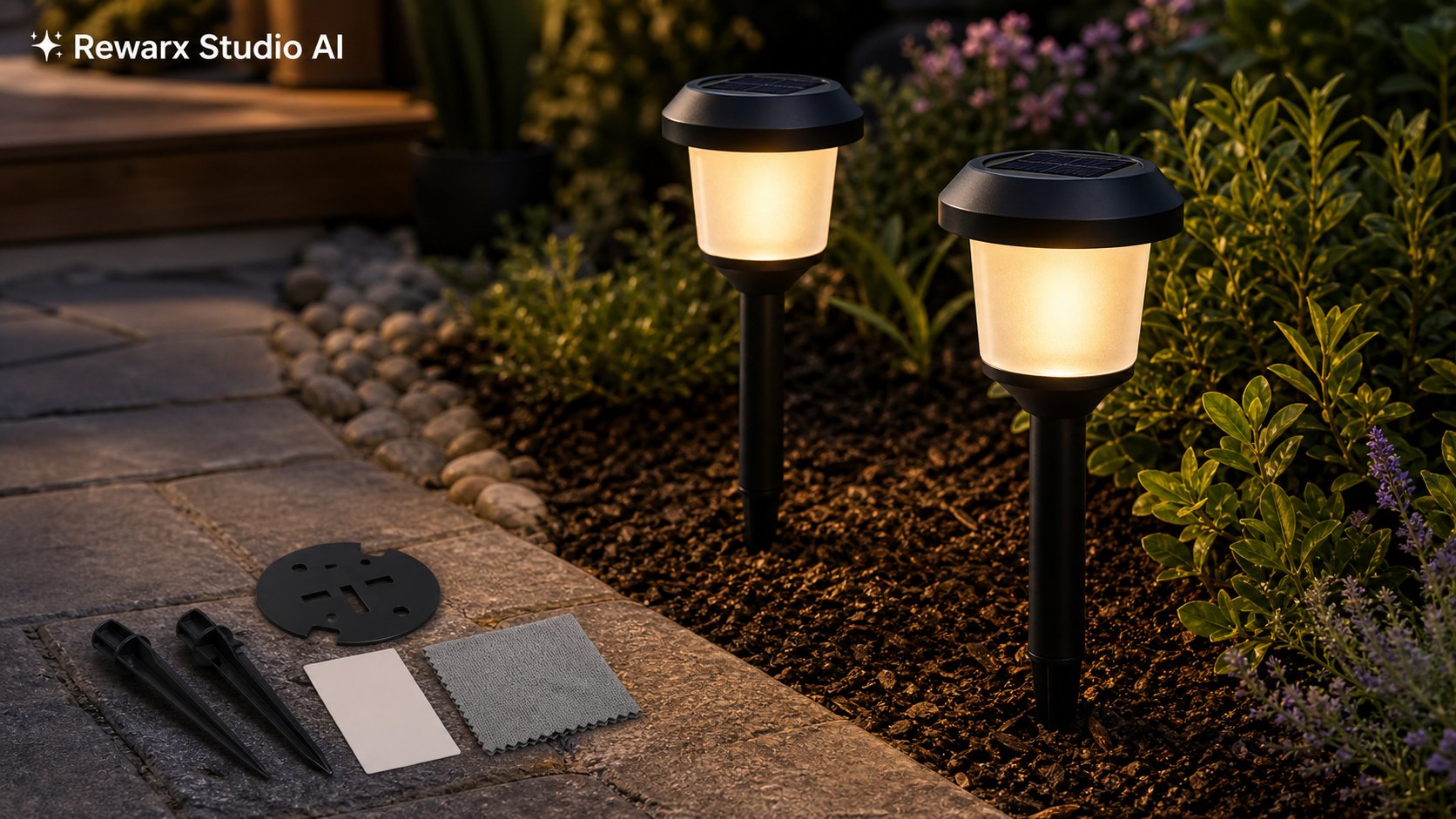Luz solar para camino al aire libre, jardín plantilla visual - outdoor lighting - garden pathway solar light hero - Rewarx Visual Content Library