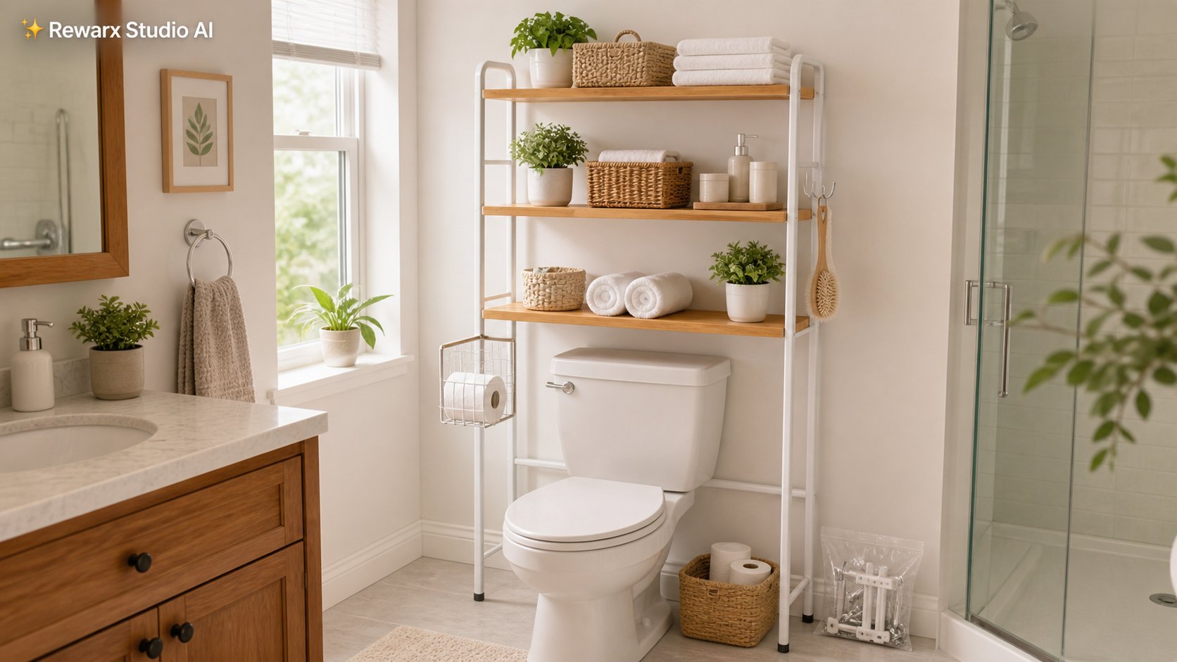 au-dessus des toilettes étagère de rangement salle de bain modele visuel - bathroom organization - small bathroom over-toilet storage hero - Rewarx Visual Content Library