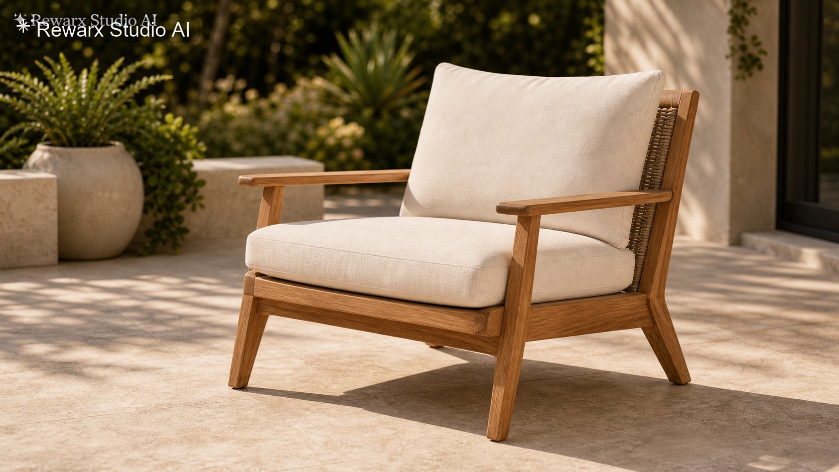 Patio lounge kreslo outdoor living vizualni sablona - outdoor furniture - premium outdoor living furniture hero - Rewarx Visual Content Library