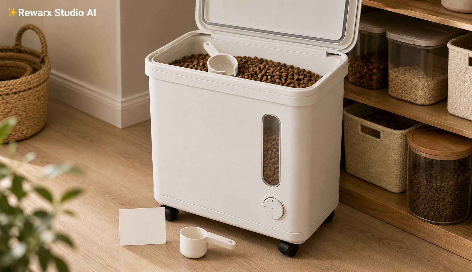 寵物食品儲存容器食品儲藏室視覺模板 - pet food storage - pet food pantry container hero - Rewarx Visual Content Library