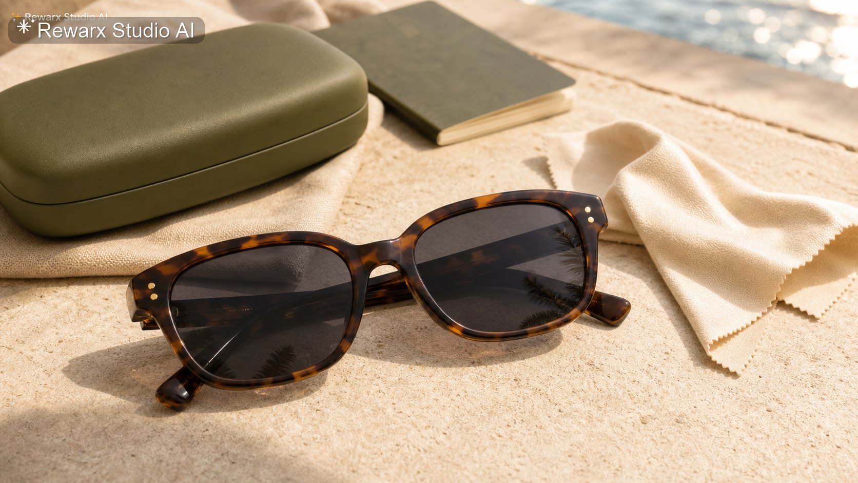 Polarizovane slunecni bryle cestovni moda vizualni sablona - eyewear - sunlit travel accessory hero - Rewarx Visual Content Library