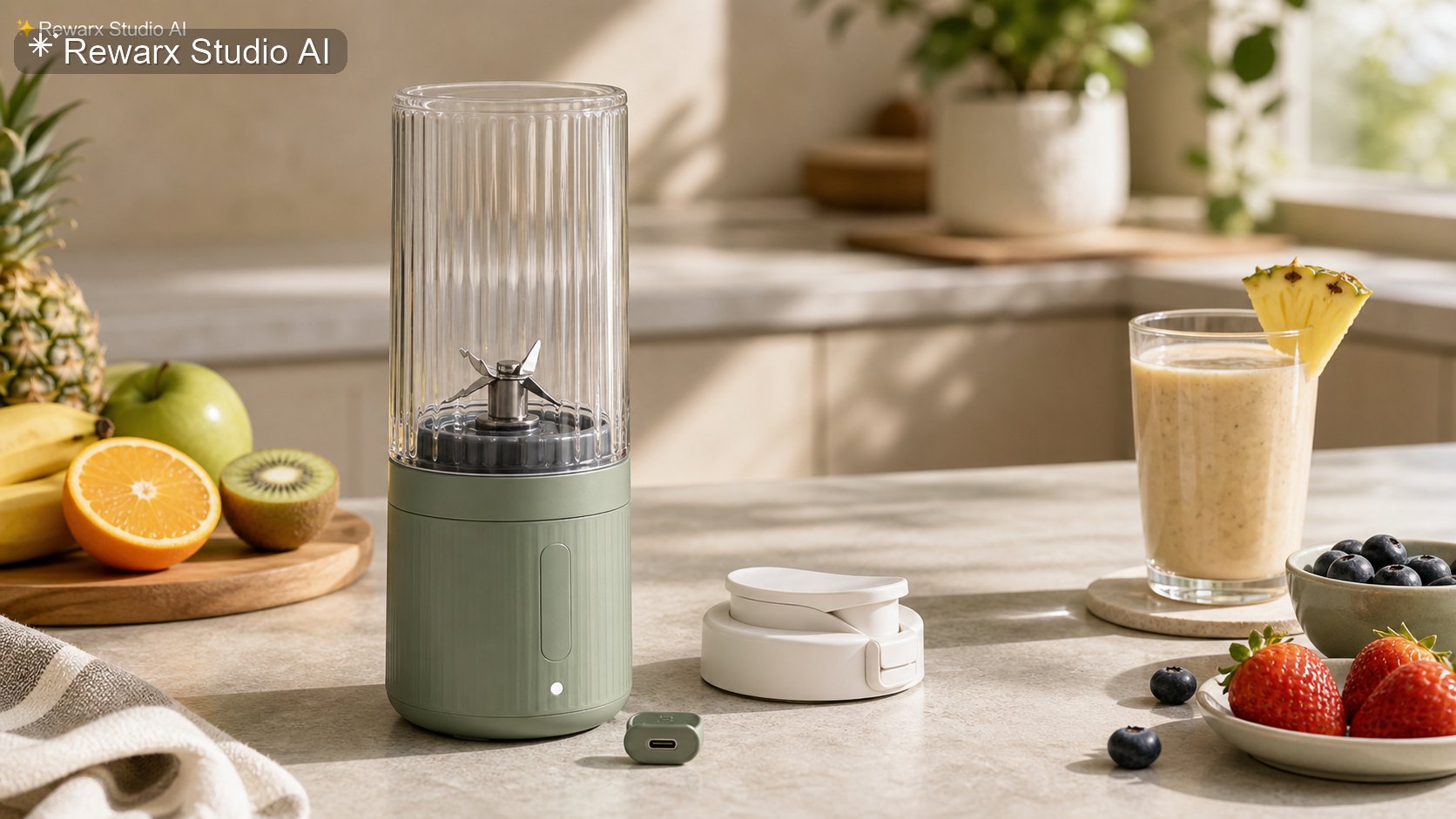 قالب صورة خلاط محمول لسموذي صحي - kitchen appliances - sunlit wellness kitchen hero - Rewarx Visual Content Library