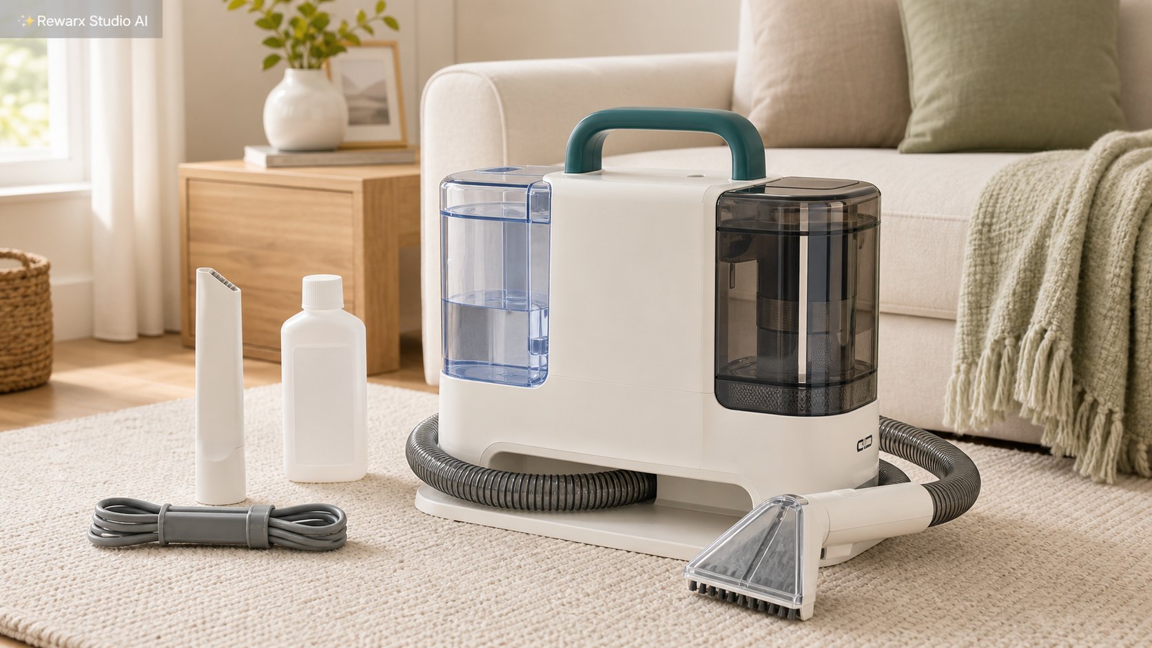 Baerbar taepperenser polstring hjem visuel skabelon - home cleaning appliances - bright upholstery care hero - Rewarx Visual Content Library
