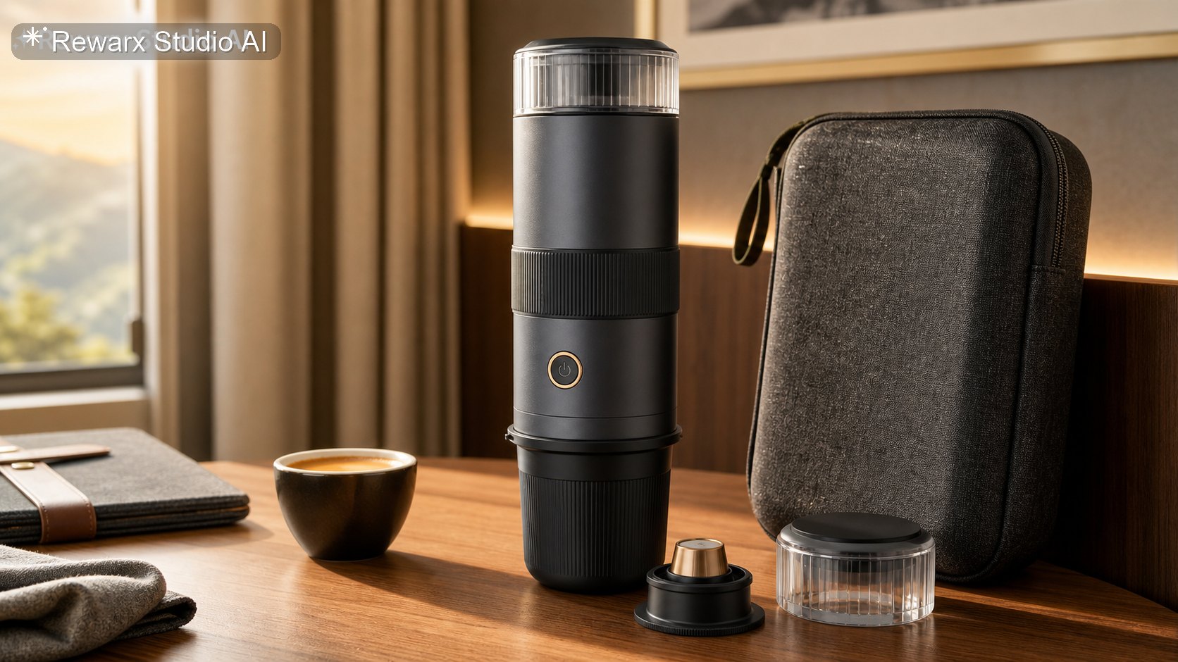 便攜濃縮咖啡機旅行咖啡視覺模板 - coffee gear - premium travel coffee hero - Rewarx Visual Content Library