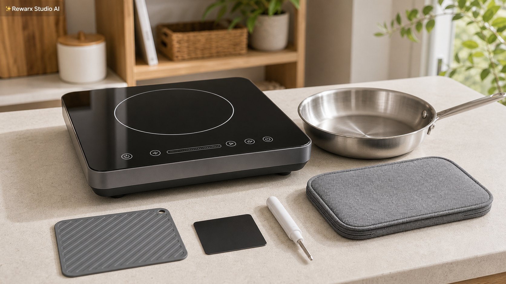 Baerbar induktionskogeplade lejlighedskokken visuel skabelon - small kitchen appliances - compact apartment cooking hero - Rewarx Visual Content Library
