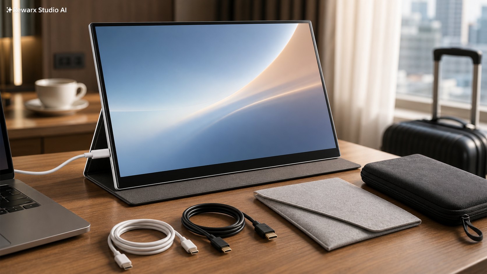 Prenosny monitor prace na dalku cestovani vizualni sablona - portable productivity tech - hotel-desk remote-work hero - Rewarx Visual Content Library