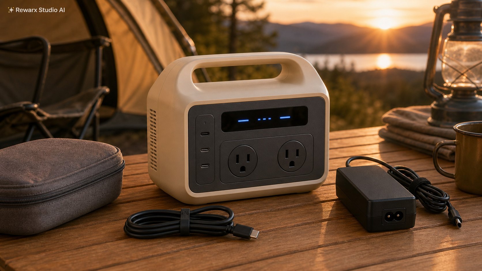 Portable Powerstation Camping Notfall Visual-Vorlage - outdoor power - premium campsite power hero - Rewarx Visual Content Library