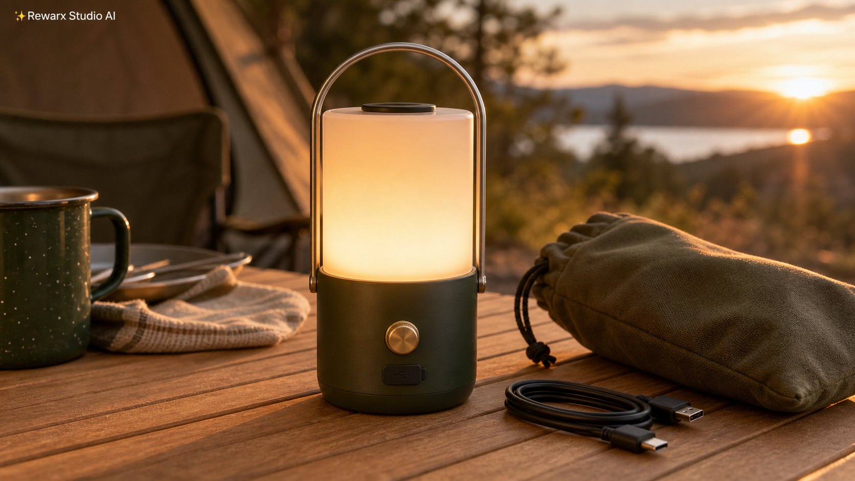 Wiederaufladbare Campinglaterne Outdoor-Ausrüstung Visual-Vorlage - outdoor gear - golden-hour camp gear hero - Rewarx Visual Content Library