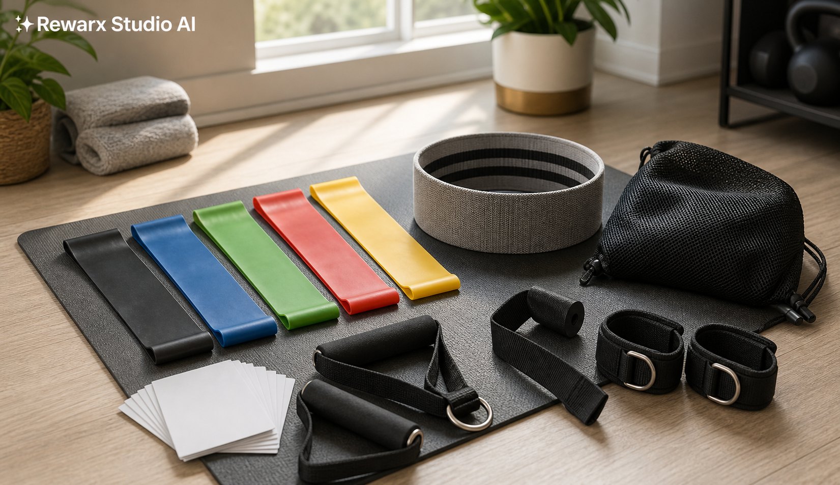 ensemble de bandes de résistance, entraînement à domicile modele visuel - fitness accessories - home workout resistance band hero - Rewarx Visual Content Library