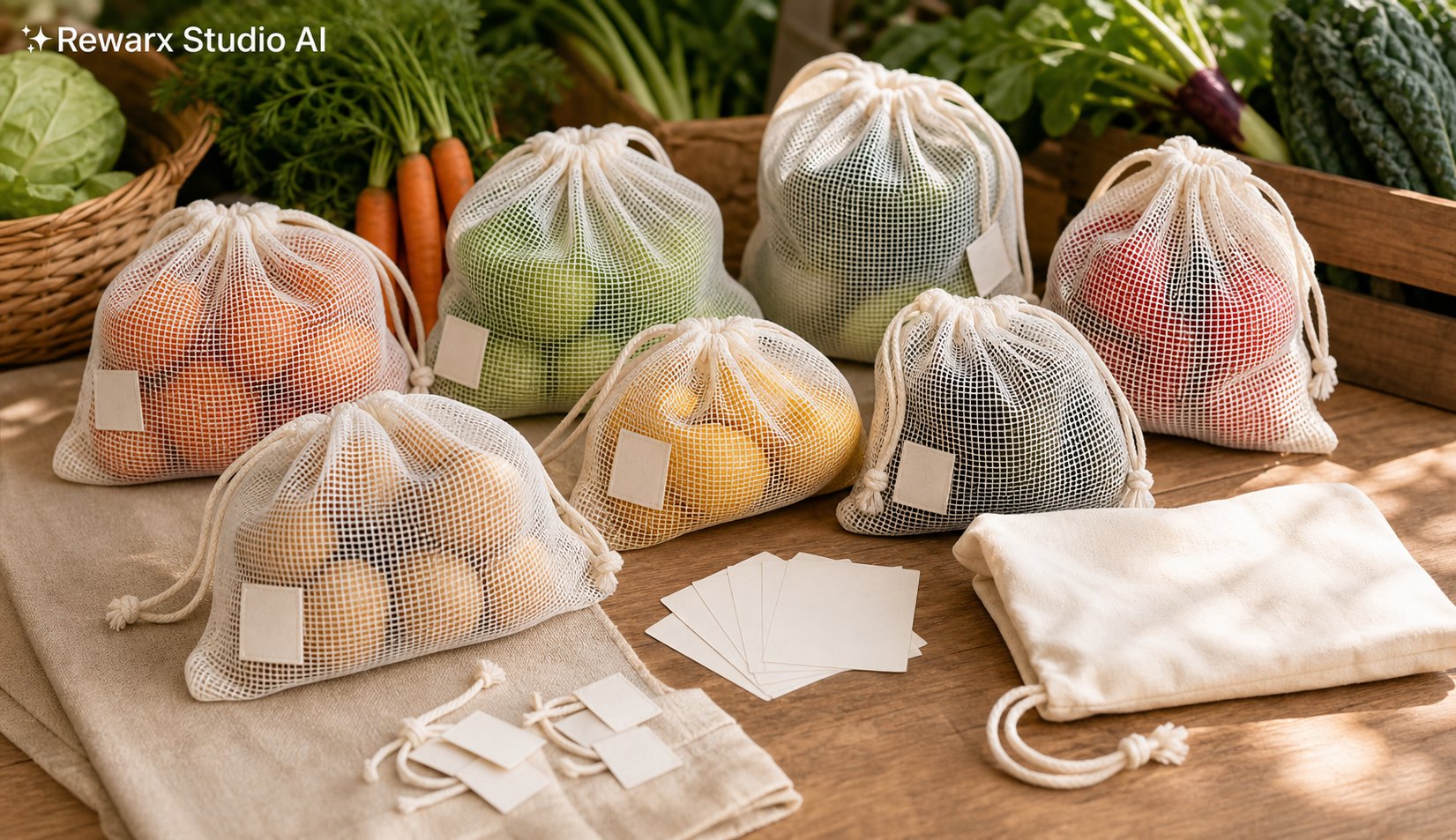 可重複使用的農產品袋雜貨視覺模板 - grocery accessories - grocery produce bag hero - Rewarx Visual Content Library
