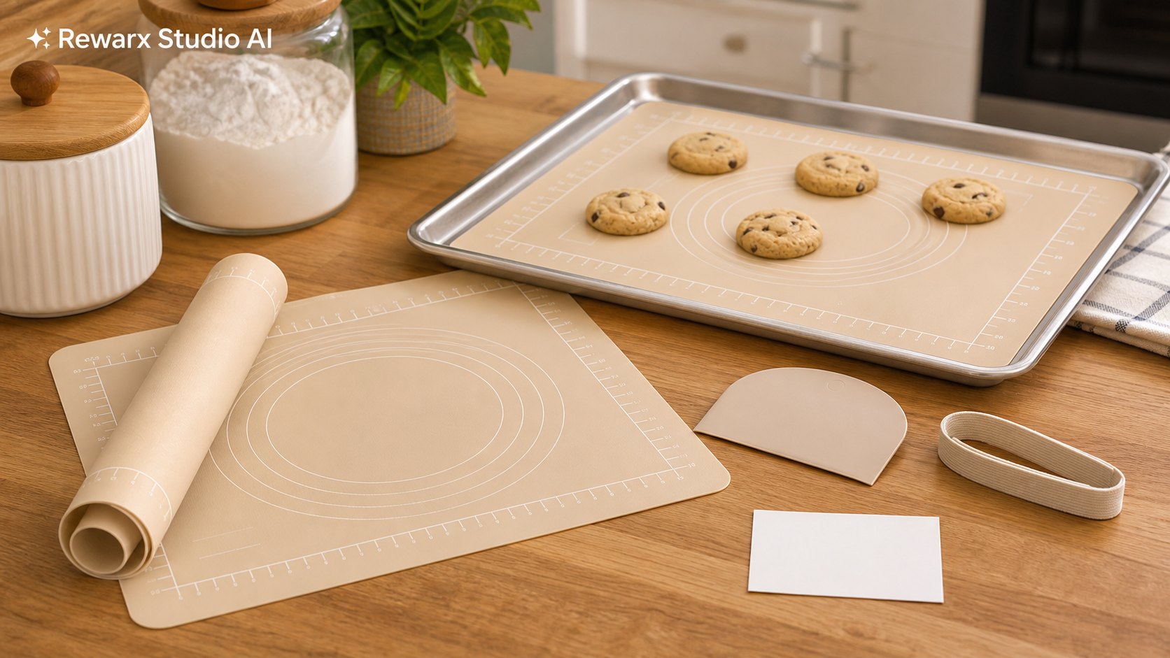 可重複使用的矽膠烘焙墊廚房視覺模板 - baking tools - silicone baking mat prep hero - Rewarx Visual Content Library
