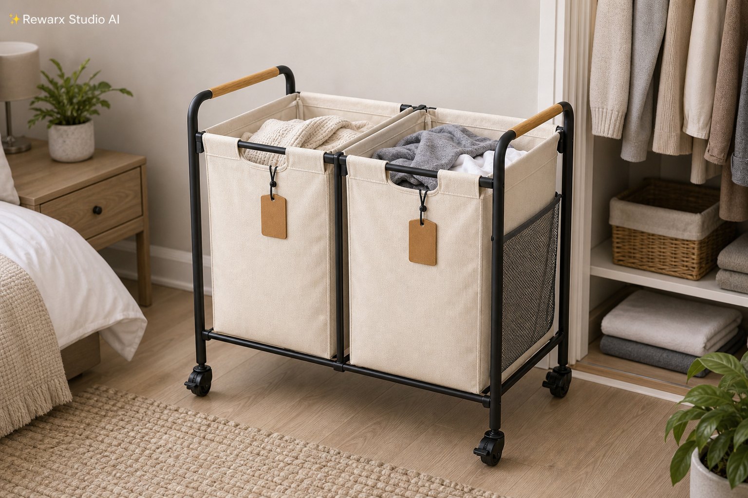 Panier linge roulant chambre buanderie modele visuel - laundry organization - calm bedroom laundry sorting hero - Rewarx Visual Content Library