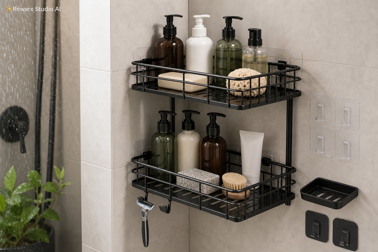 Panier douche anti rouille coin salle de bain modele visuel - Visuel éditorial de campagne Panier douche anti rouille coin salle de bain modele visuel - Visuel éditorial de campagne