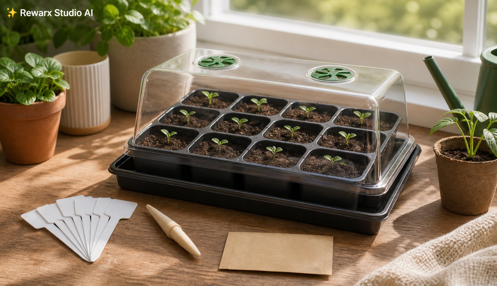 种子起始托盘室内花园视觉模板 - indoor gardening - indoor seed starting tray hero - Rewarx Visual Content Library