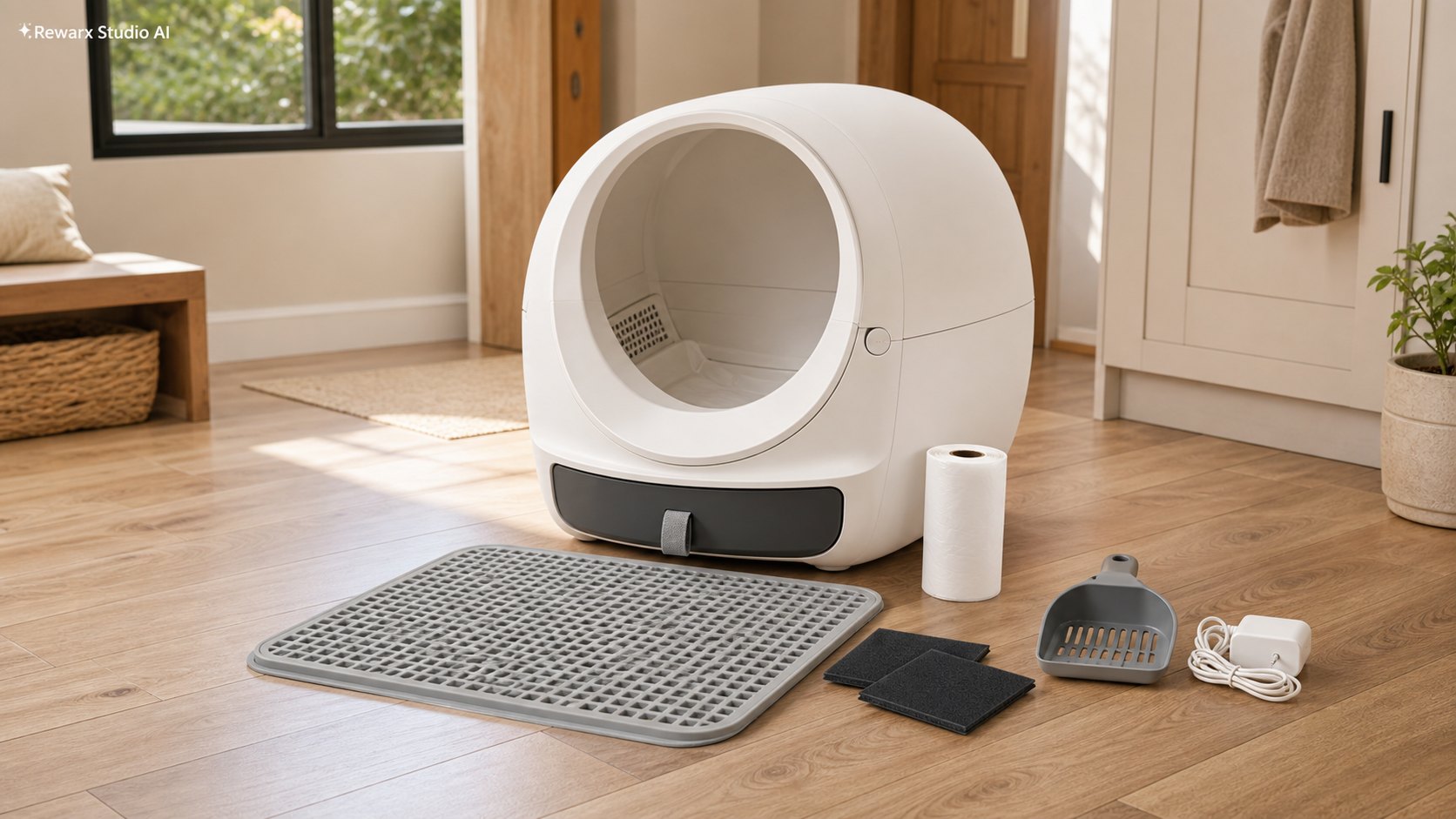 Samocistici kocici toaleta domov pet vizualni sablona - pet care appliances - modern pet-home appliance hero - Rewarx Visual Content Library