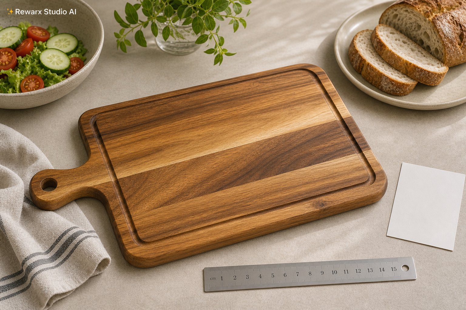 prkénko z akátu vizualni sablona - knives and boards - Acacia Cutting Board Product-Readable Use Scene - Rewarx Visual Content Library