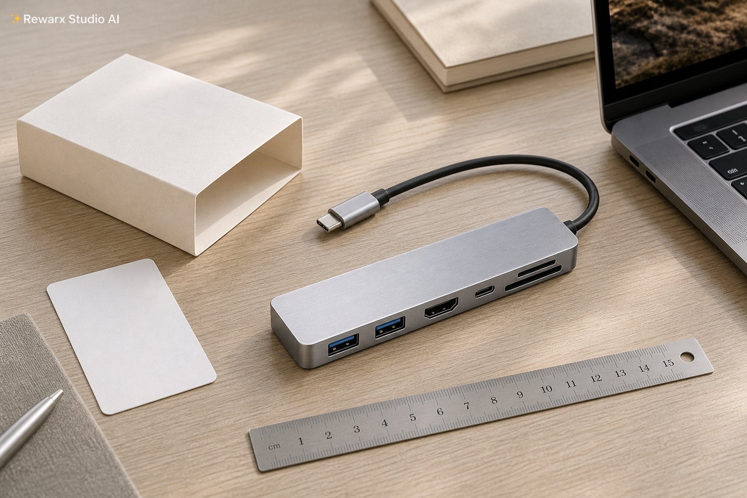 hliníkový USB C hub vizualni sablona - tech accessories - Aluminum Usb C Hub Product-Readable Use Scene - Rewarx Visual Content Library