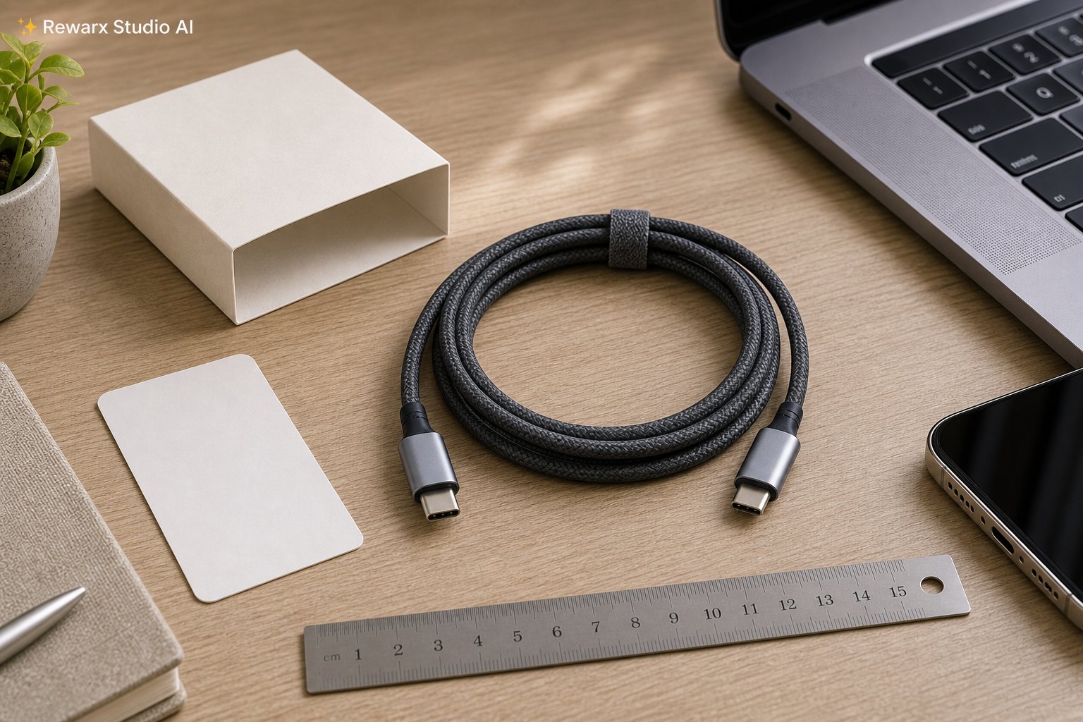 opletený nabíjecí kabel vizualni sablona - cable management - Braided Charging Cable Product-Readable Use Scene - Rewarx Visual Content Library