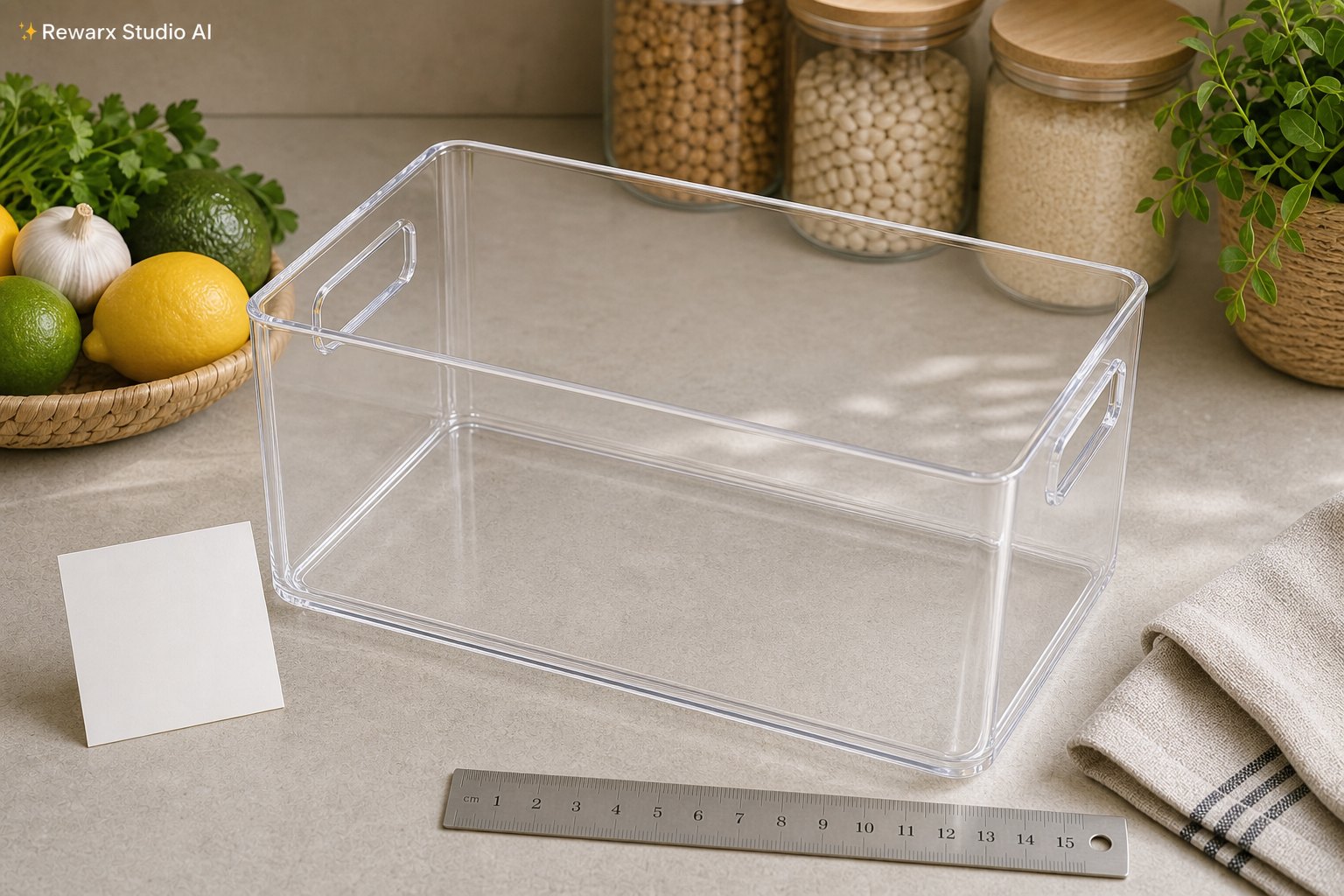 průhledná akrylová úložná nádoba vizualni sablona - cleaning organization - Clear Acrylic Storage Bin Product-Readable Use Scene - Rewarx Visual Content Library